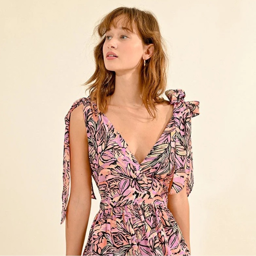 Molly Bracken Palm Print Maxi Dress Pink Tropical V Neck Boho Resort Dress NWOT - Picture 8 of 14